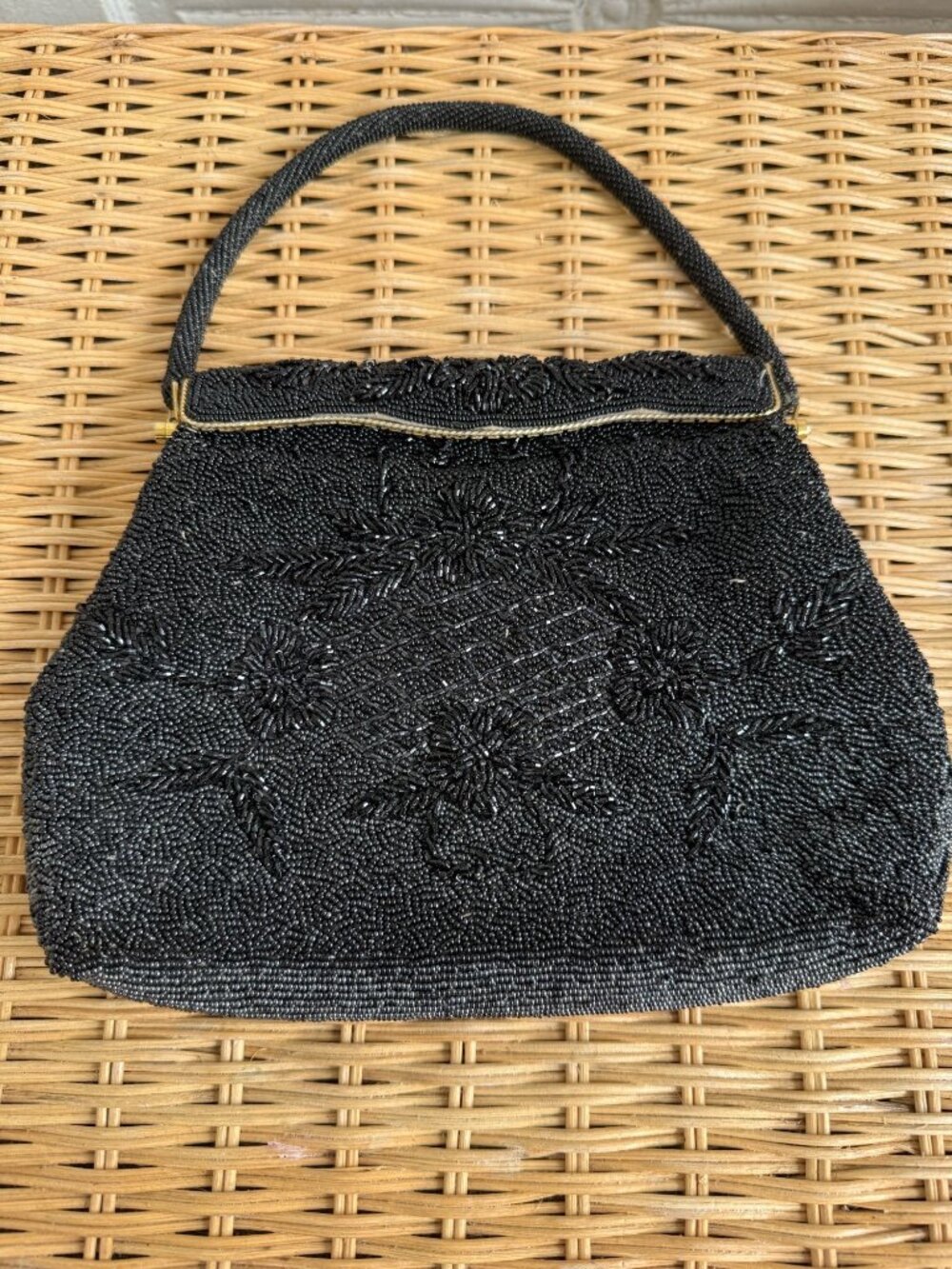 Vintage 1960s Black Glass Floral Seed Beaded Top Handle Formal Purse - Picture 11 of 16